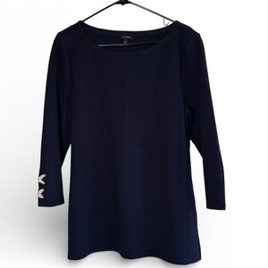 Talbots navy blue textured knit top quarter sleeves decorative cuff detail Large